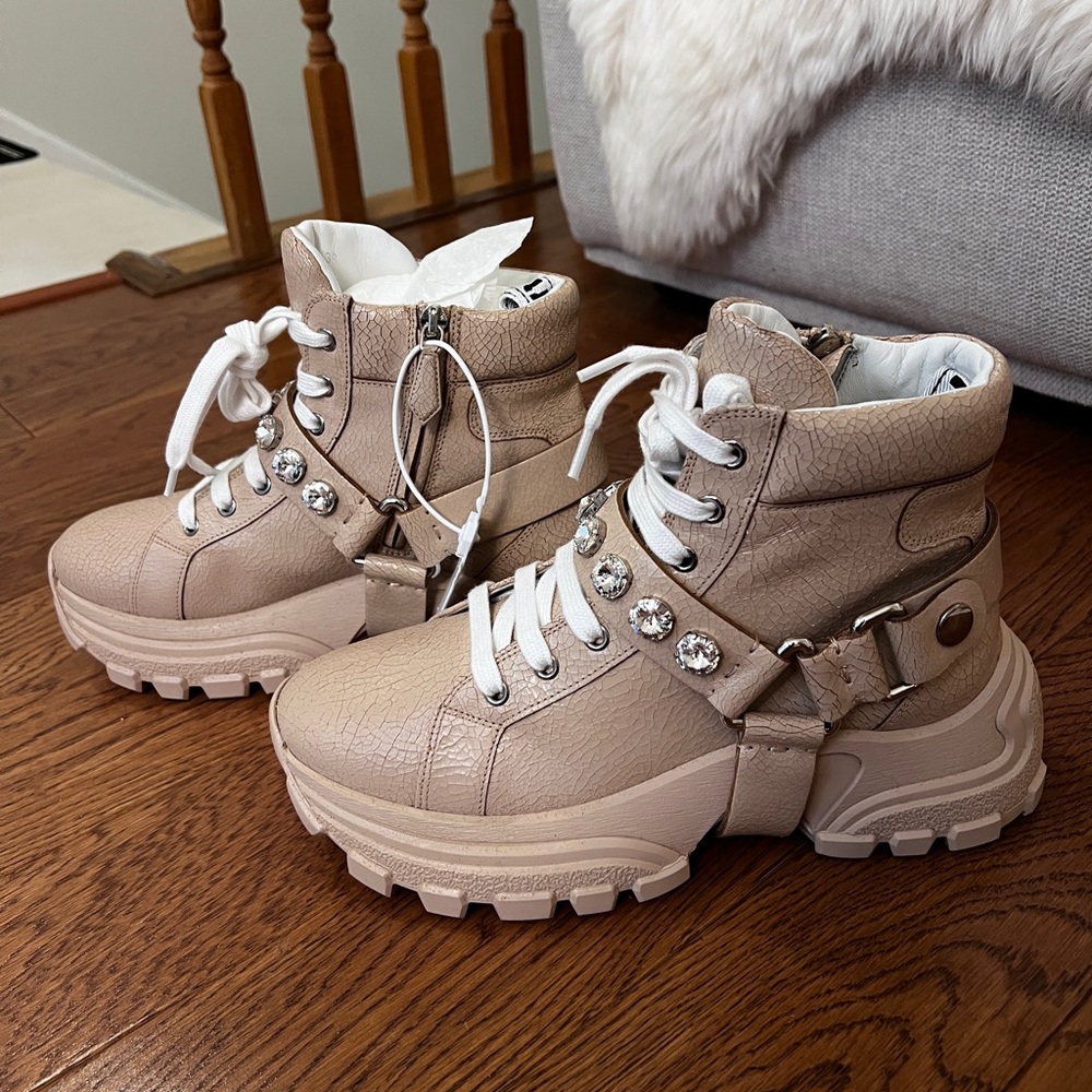 Miu Miu Beige Lace Up hiking boots with Crystal Accents 39 US 8.5 monstar nude